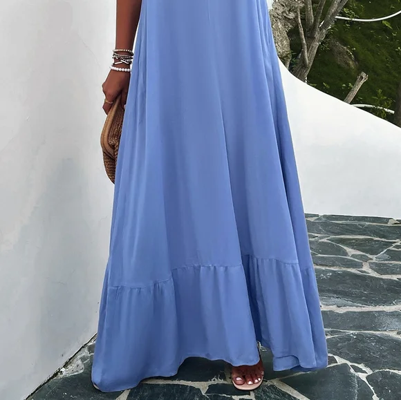 Oversized Pocket Casual Sleeveless V-Neck Low Back Long Summer Maxi Dress Blue - Picture 13 of 16